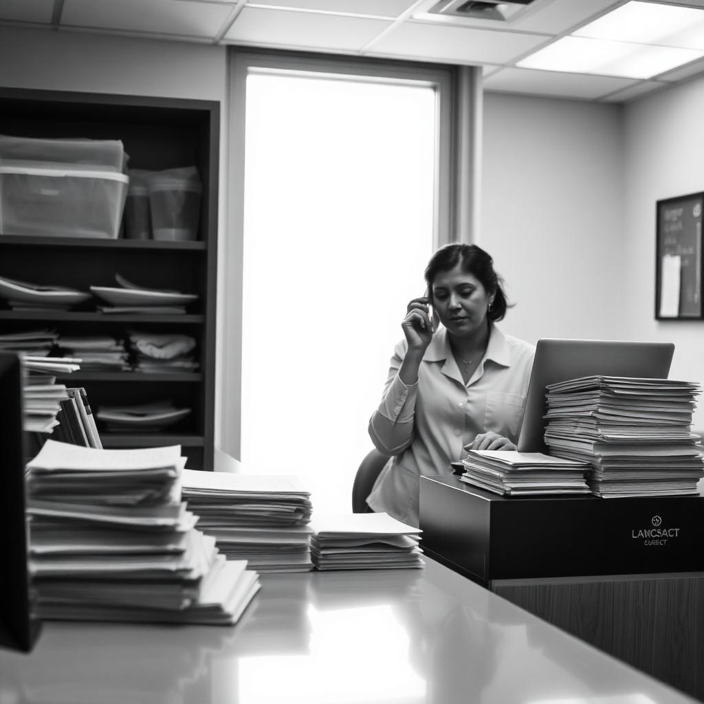 Black-and-white photo of a dental front desk buried in insurance paperwork