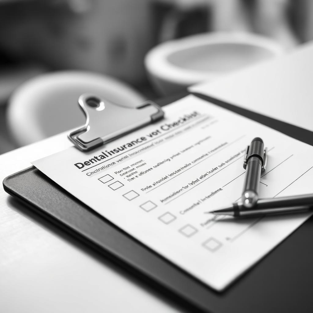 Black-and-white photo of a dental insurance verification checklist on a clipboard