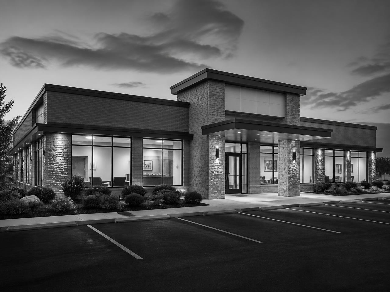 Fulks Family Dental practice exterior at dusk